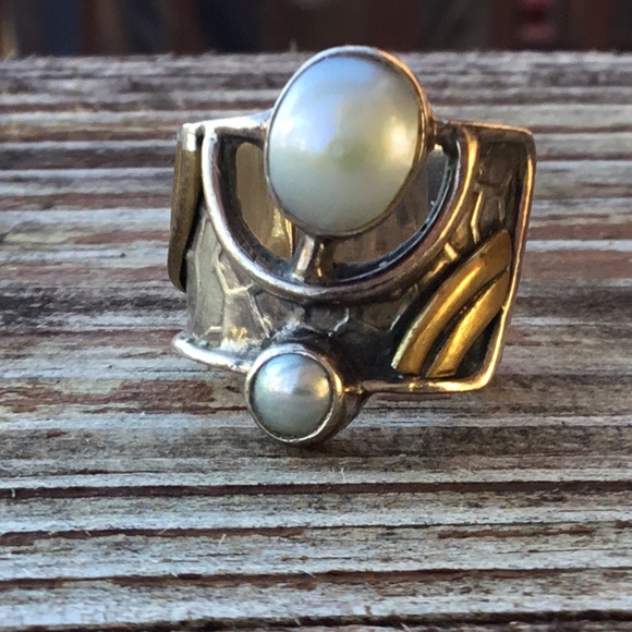 Modernist sterling and goldtone ring with pearl - Picture 1 of 8